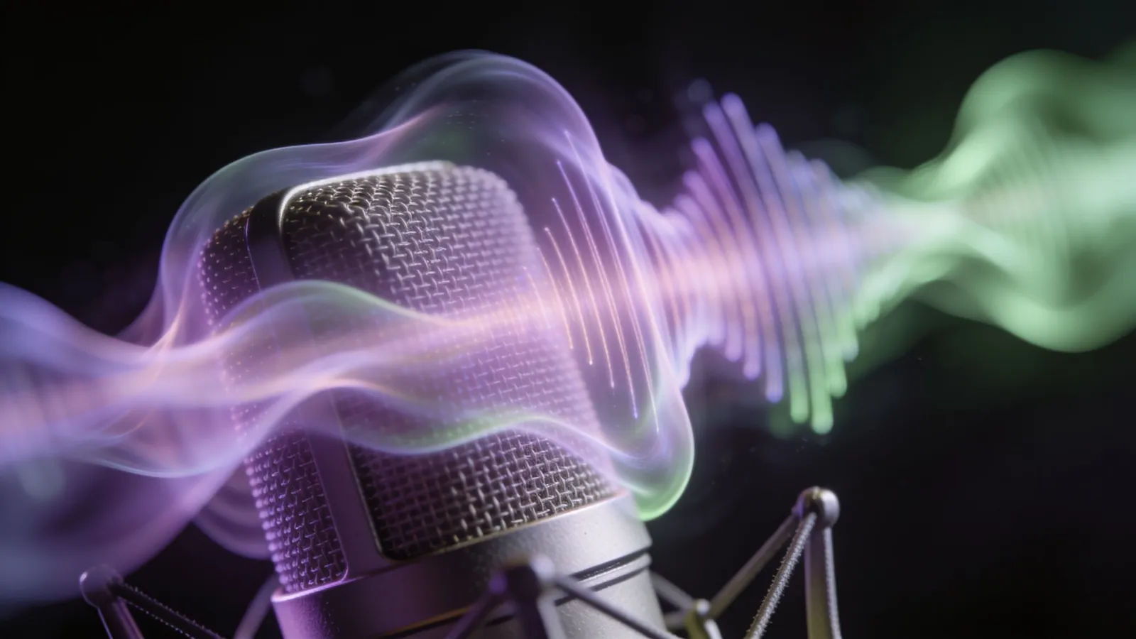 Gentle pastel waveform drifting over studio microphone