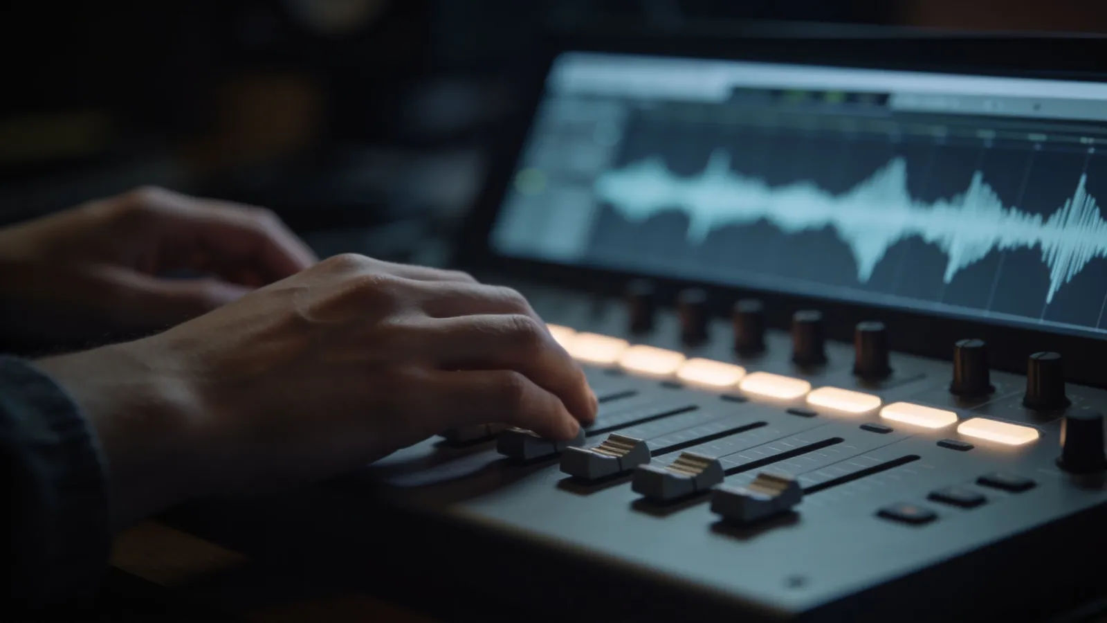 Hands at console with soft calm audio interface