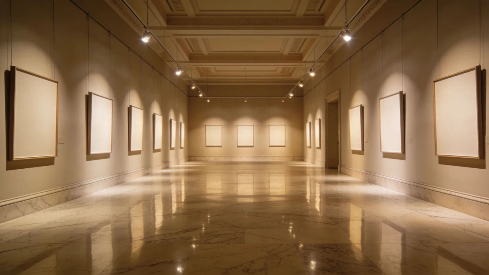 Luxury art gallery interior with spotlights