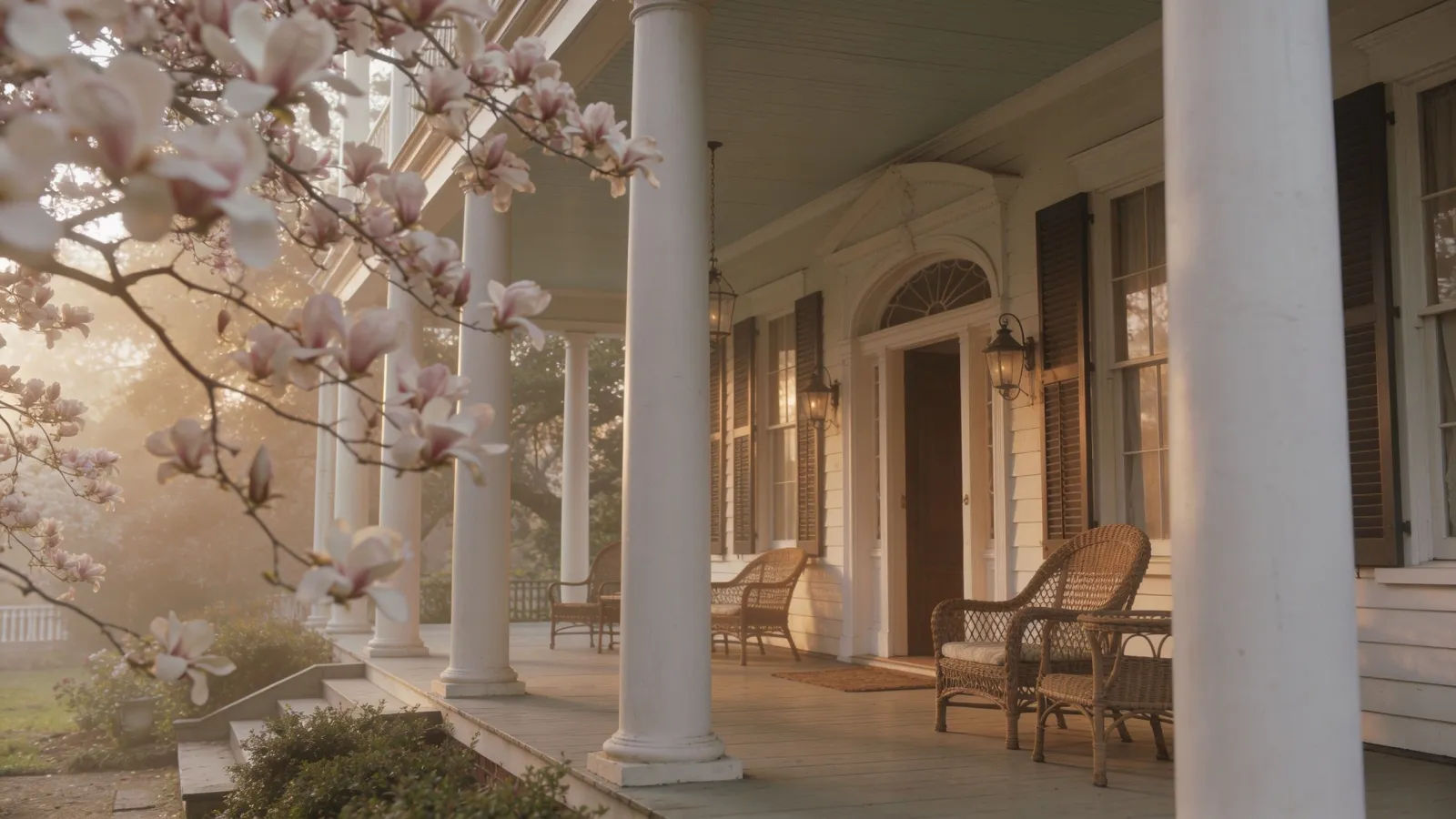 Grand southern mansion veranda at golden hour