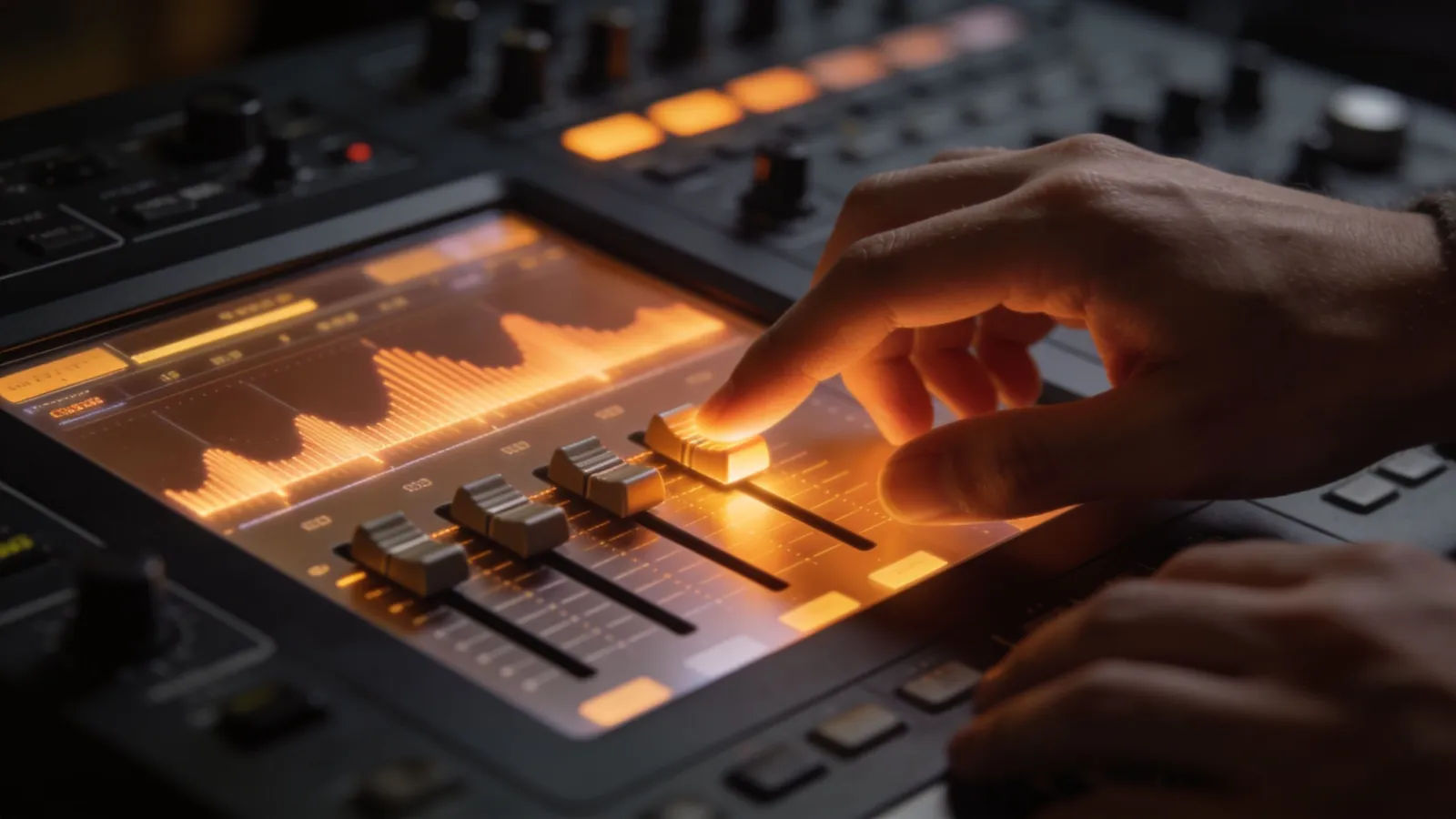 Hands on warm console with abstract audio UI