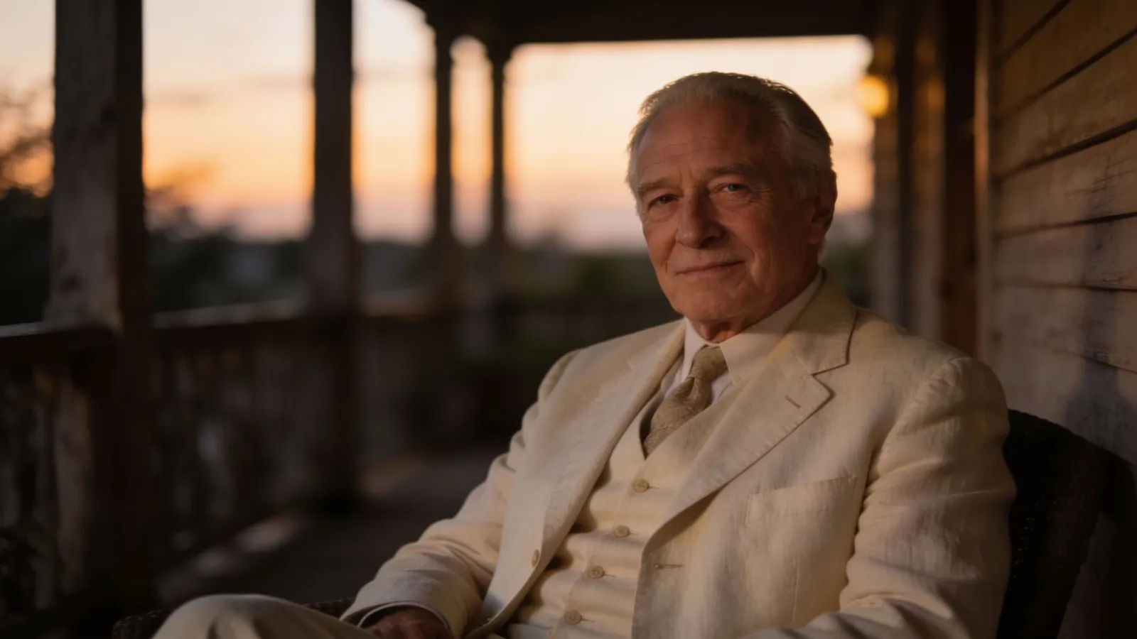 Distinguished older gentleman in linen suit on porch