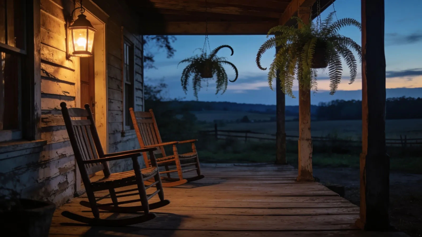 Weathered wooden porch at dusk with lantern glow