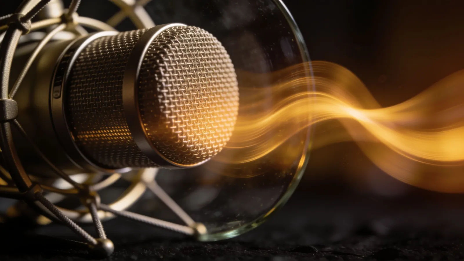 Classic studio microphone with slow golden waveform
