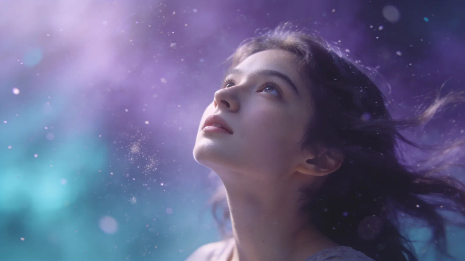 Serene dreamer gazing upward in lavender haze