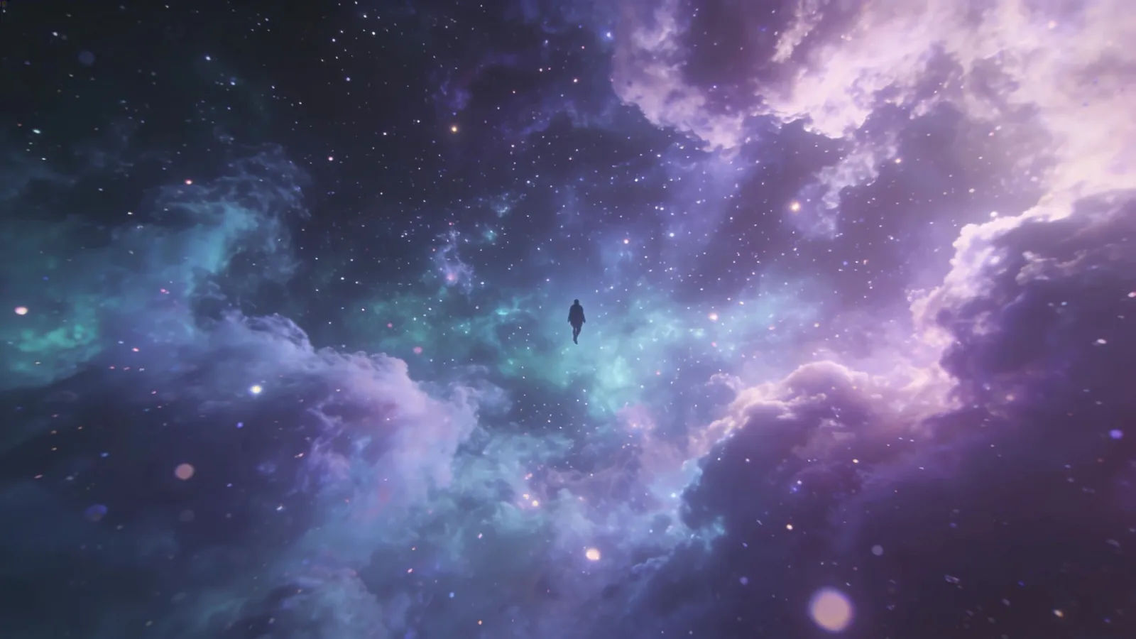 Lone silhouette drifting in starlit nebula space