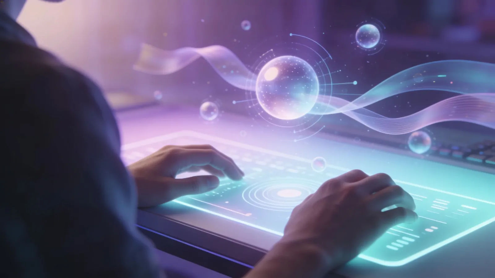 Hands at luminous console with floating holographic audio