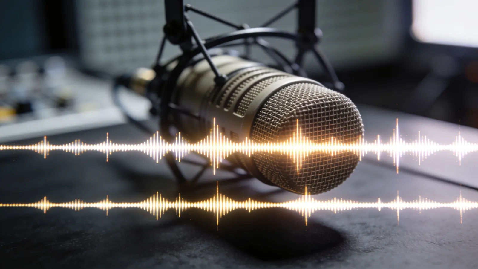Clean waveform beside a broadcast studio microphone