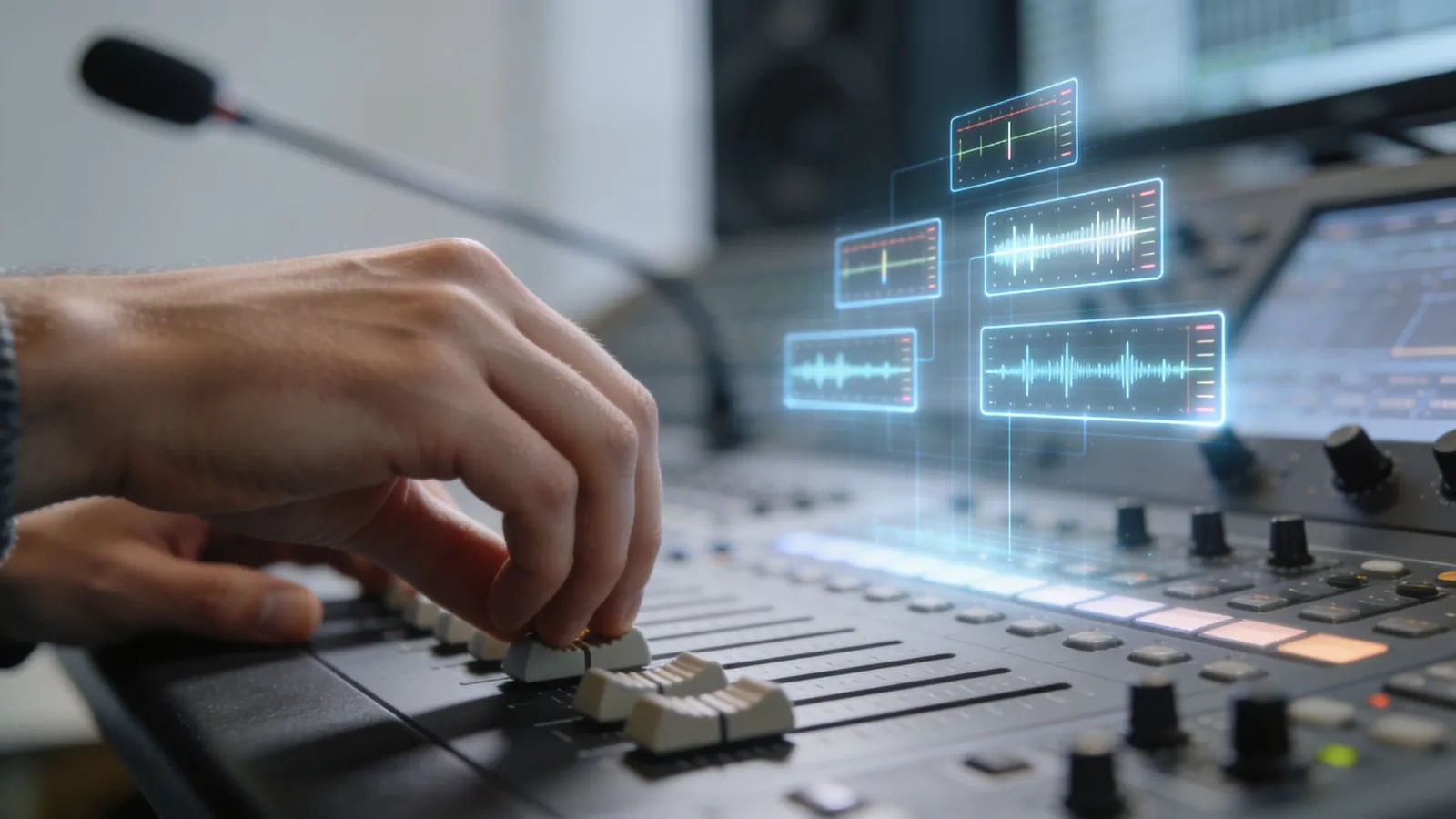 Confident hands at a broadcast audio console