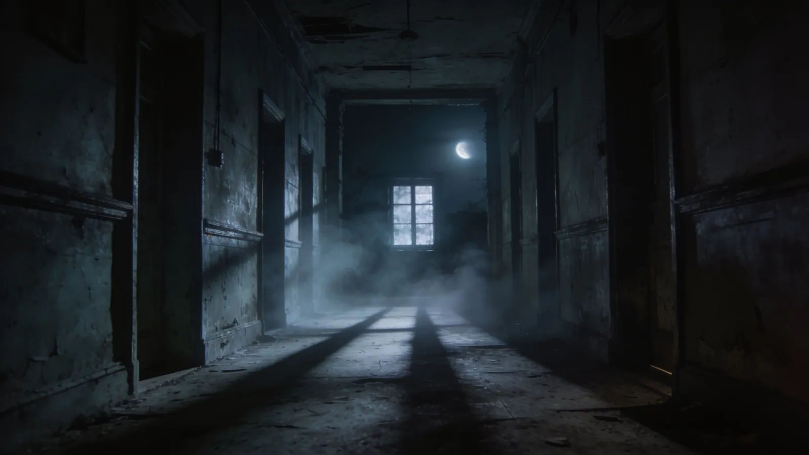 Misty abandoned corridor at night