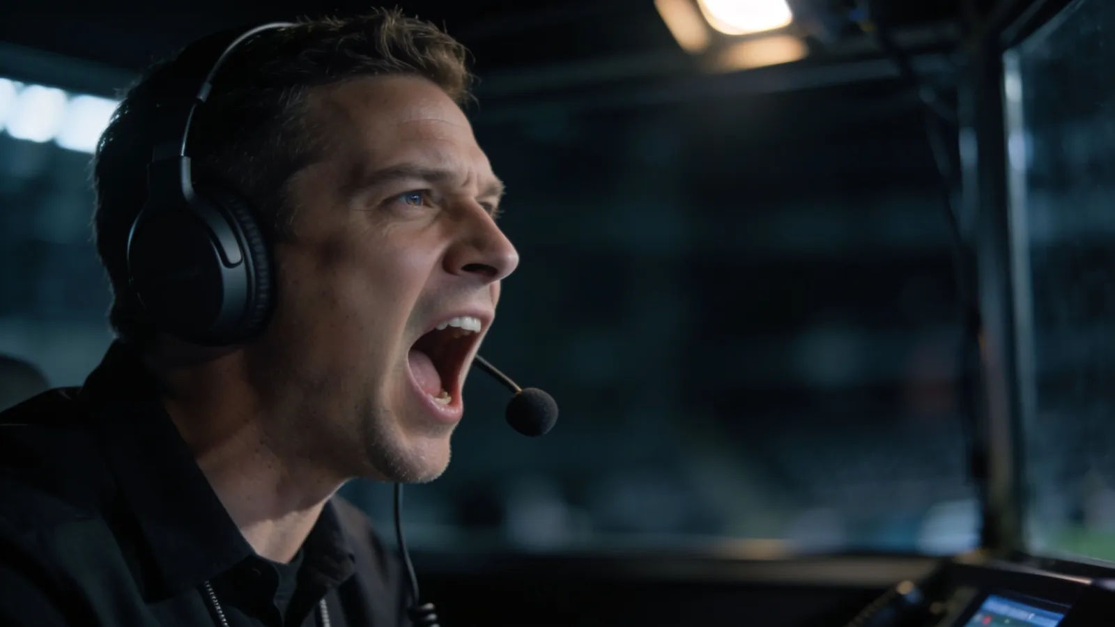 Broadcaster in headset mid-call, energetic shout
