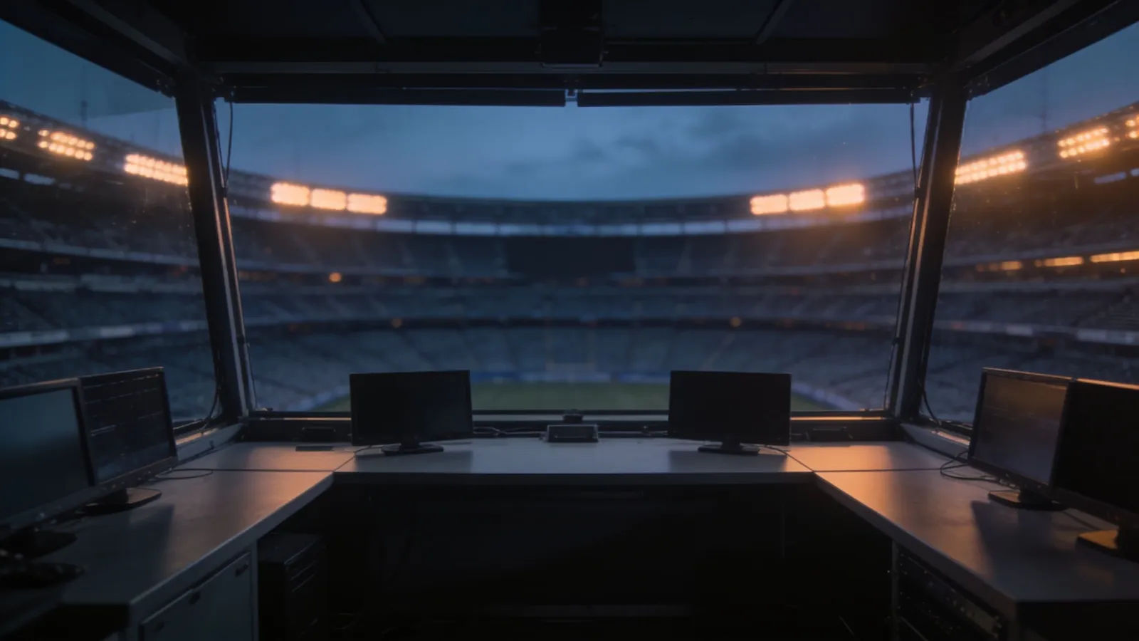 Generic commentary booth over blurred empty stadium