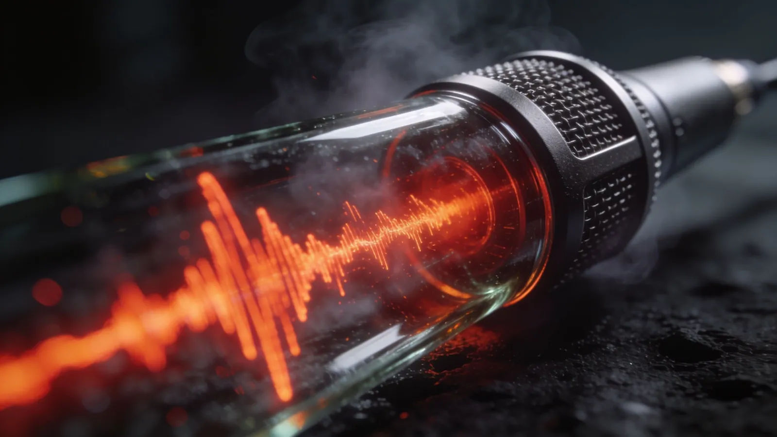 Broadcast microphone with bold red-orange waveform