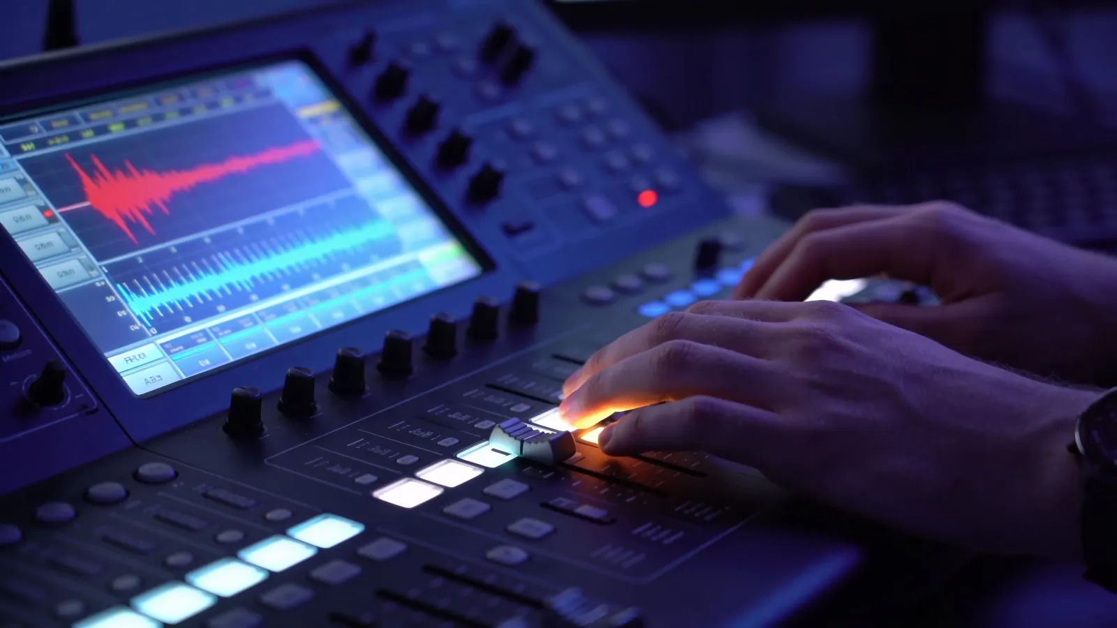 Hands on broadcast console with abstract level meters