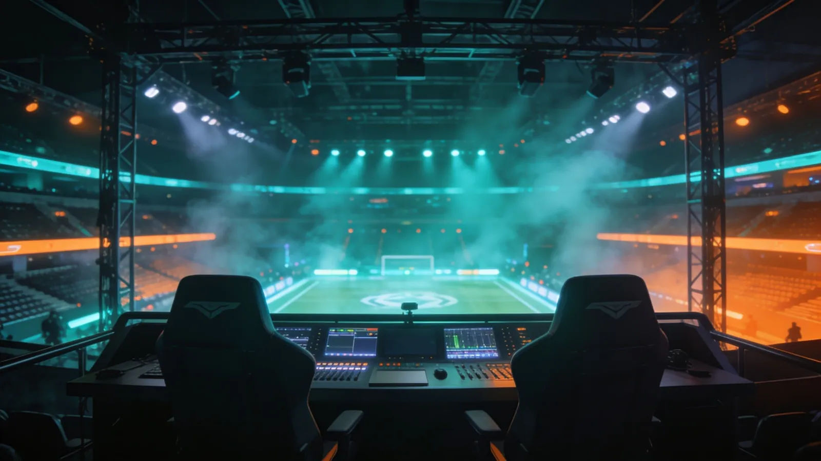 Broadcast booth overlooking glowing esports arena