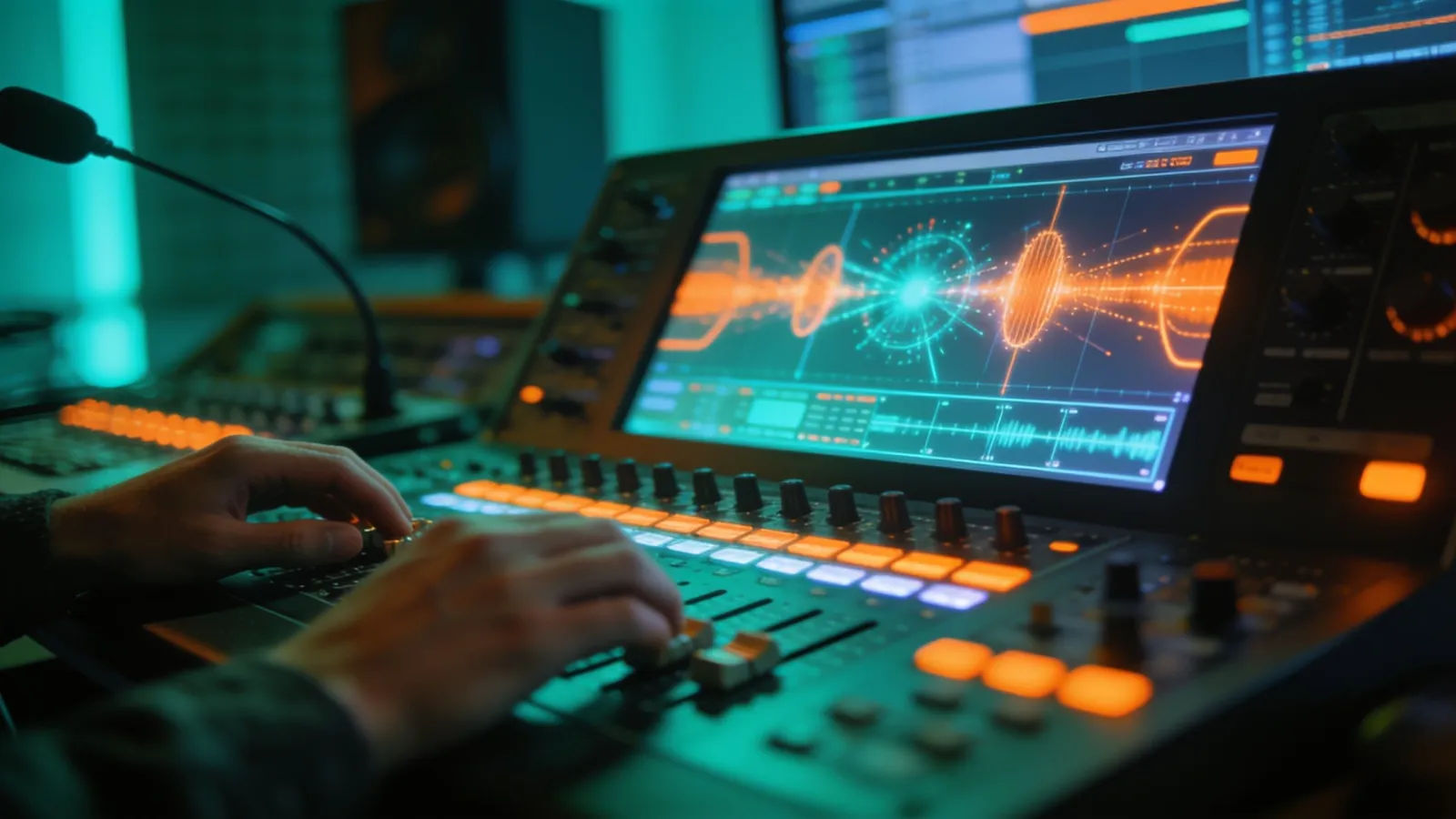 Hands at broadcast console with energetic audio interface