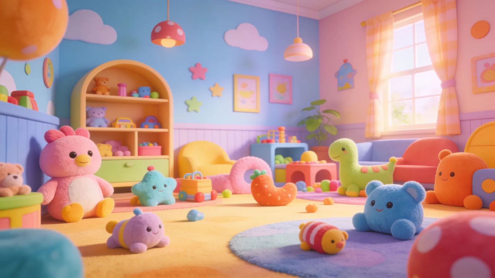 Whimsical cartoon playroom in bright pastel colors