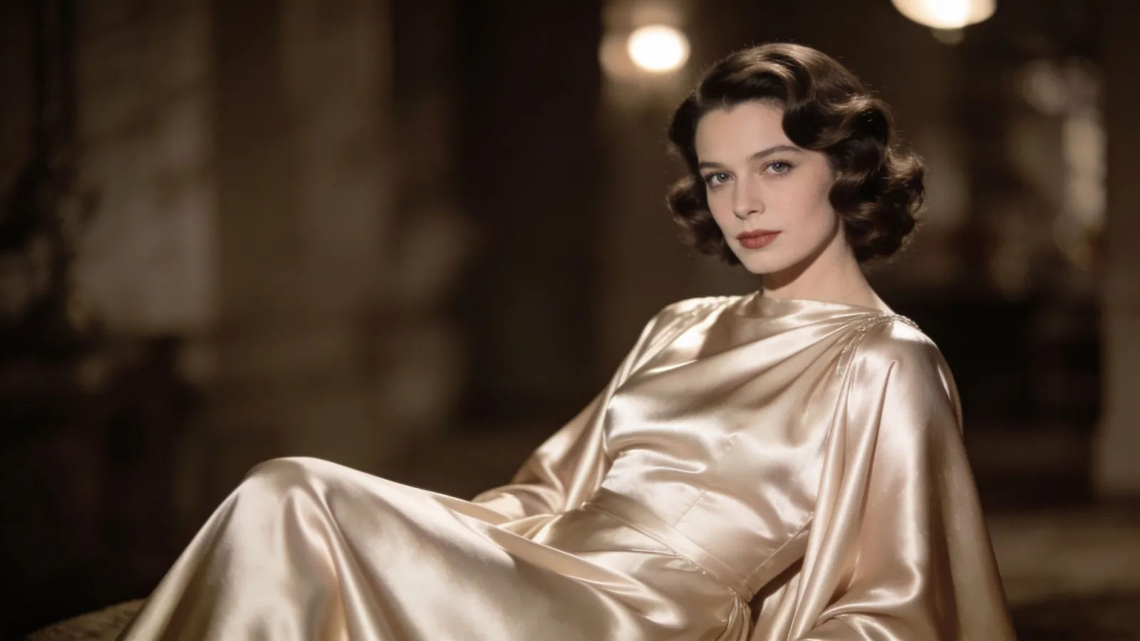 Vintage-style glamour lead in satin gown, silver-screen light