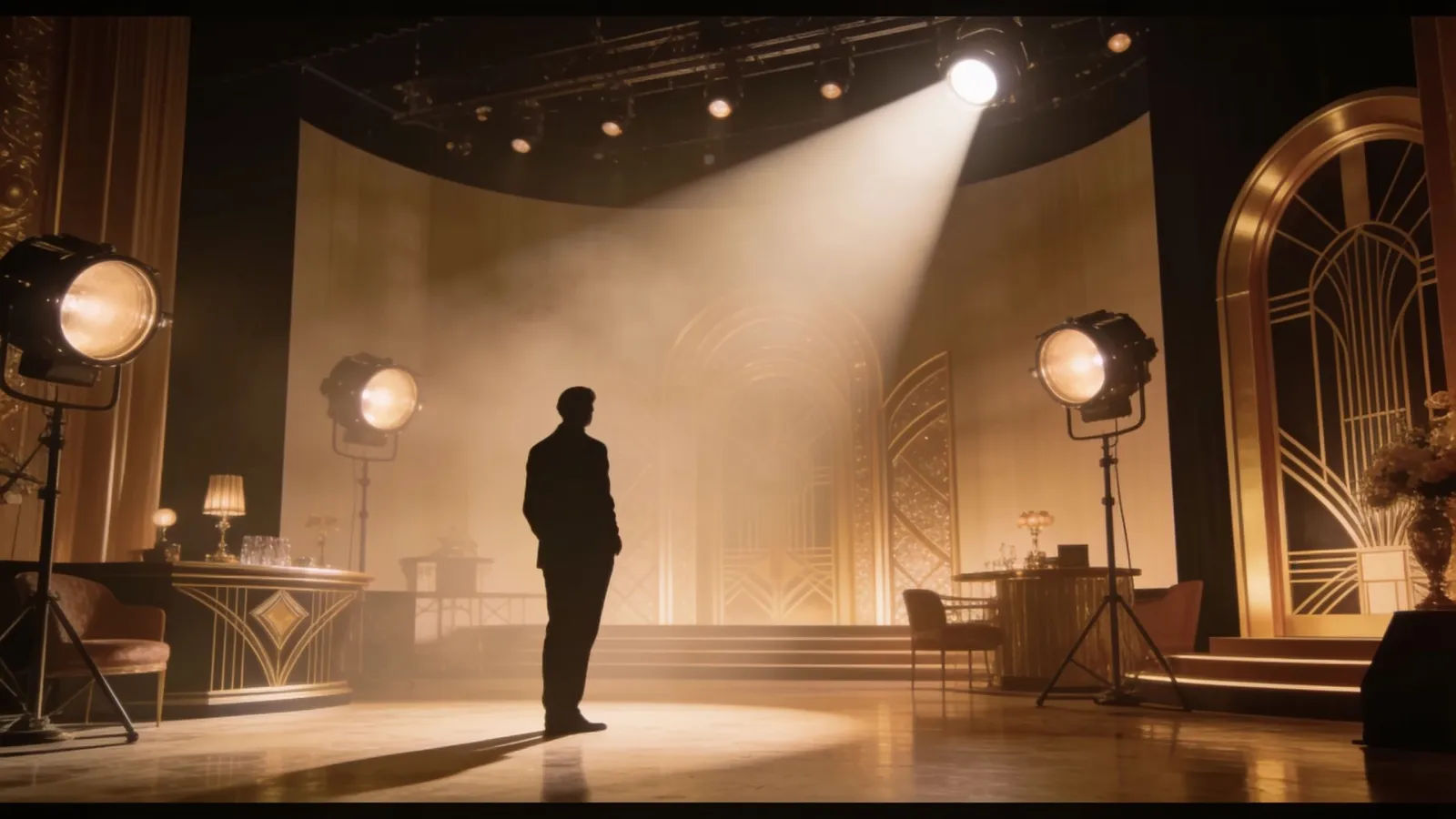 Old-Hollywood sound stage with spotlights and lone figure