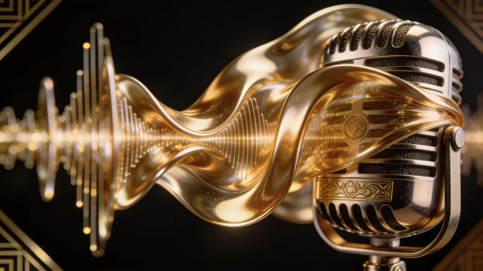 Golden silk waveform draped over vintage ribbon microphone