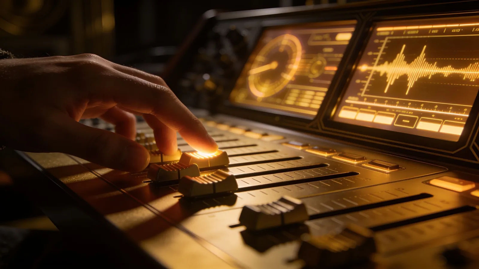 Hands at art-deco console with golden audio interface