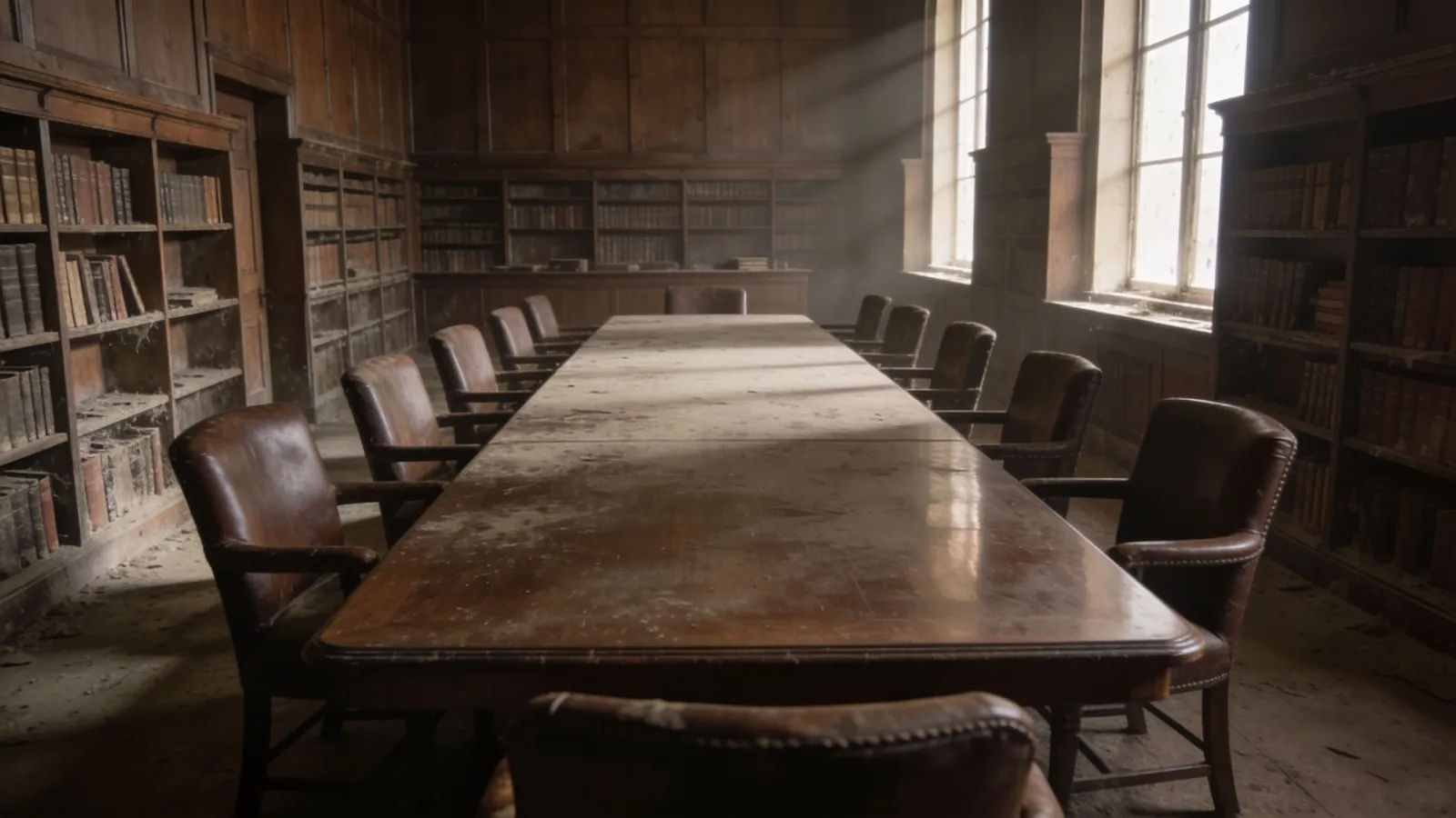 Dim wood-paneled boardroom with leather chairs, bookshelves