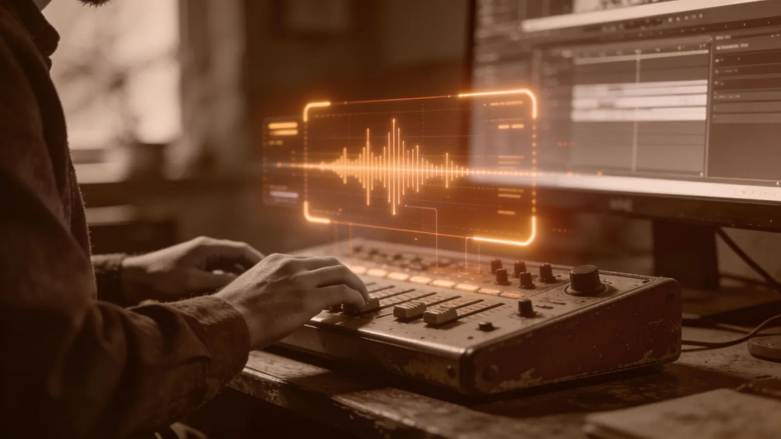 Hands at vintage console with amber audio interface