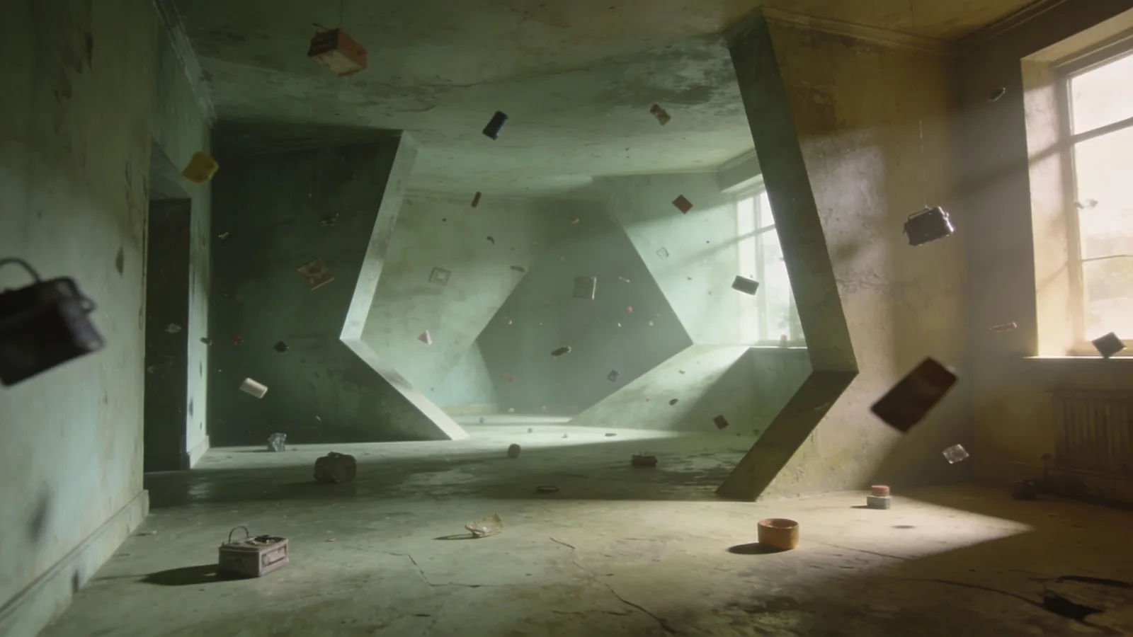 Surreal dreamlike room with floating objects