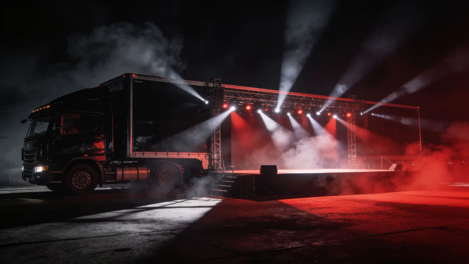 Epic trailer and keynote stage with dramatic spotlights