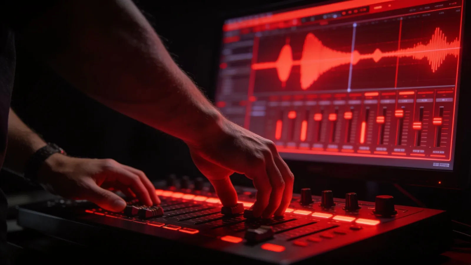 Hands at dramatic console with powerful audio interface
