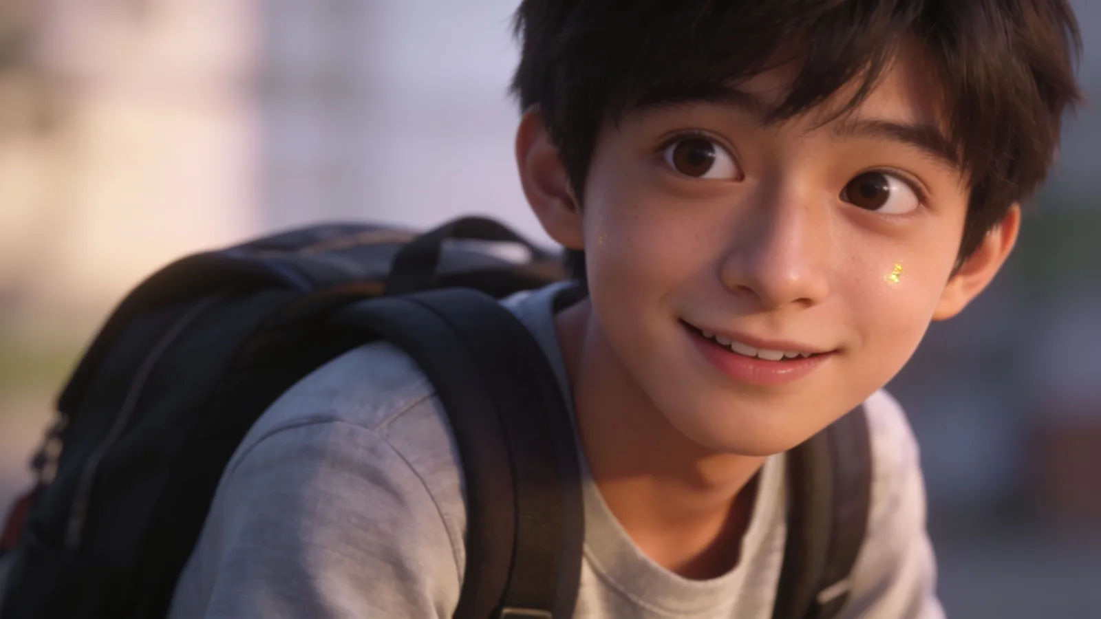 Young casual student with backpack, friendly curious expression