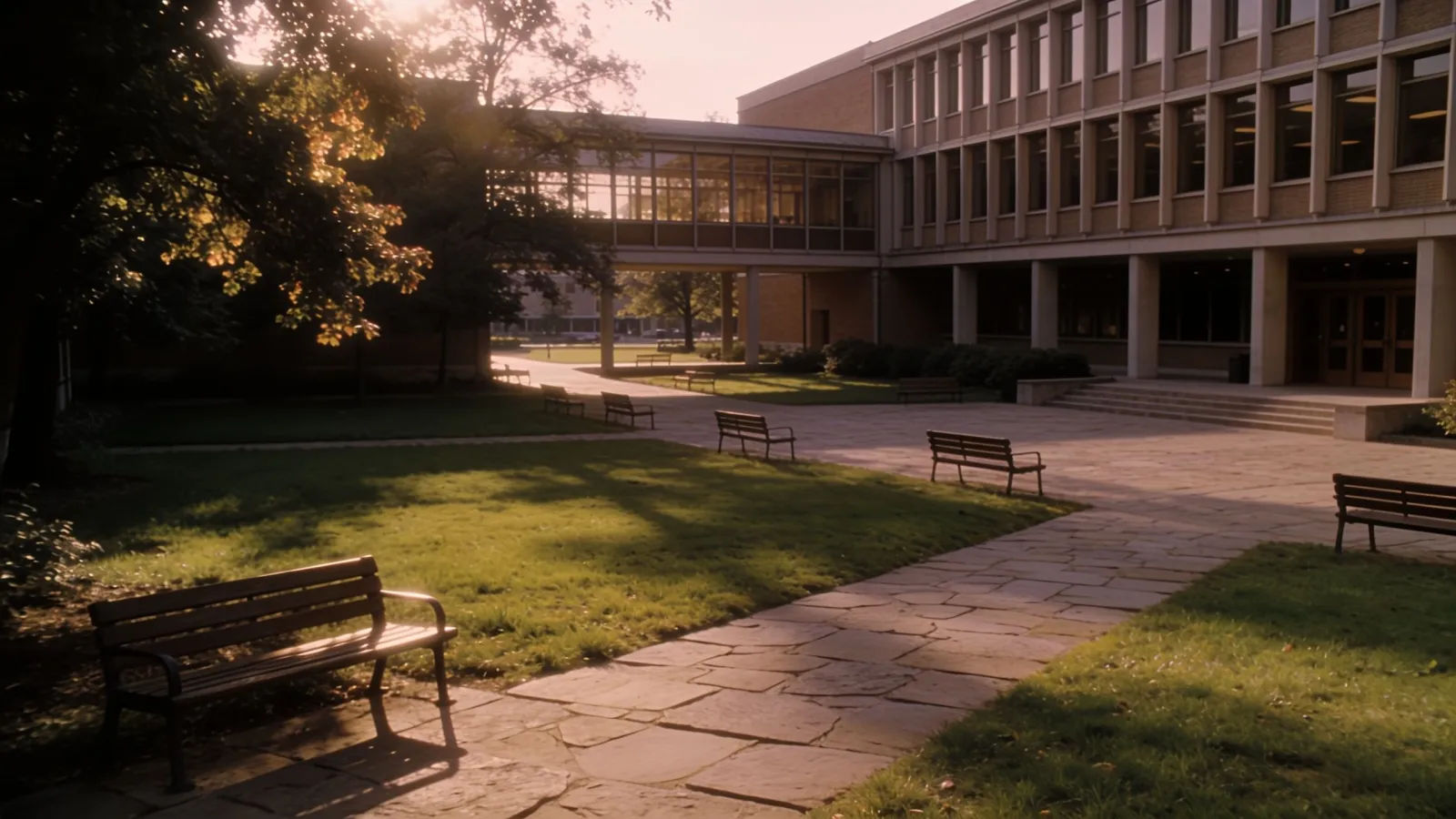 Sunlit campus courtyard beside a library