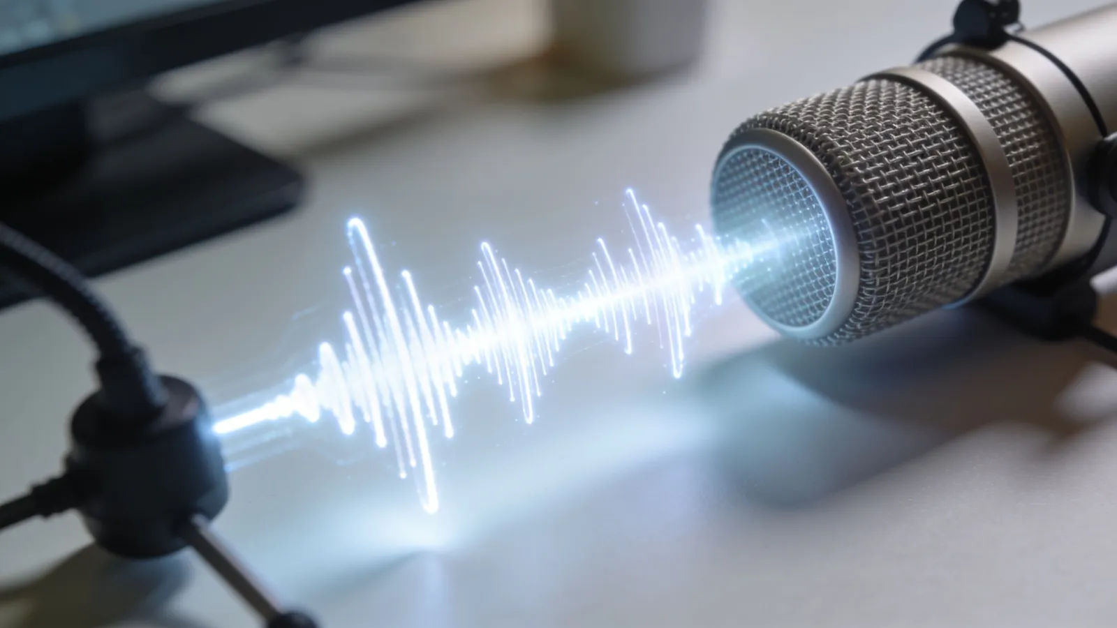 Modern podcast microphone with clean glowing waveform
