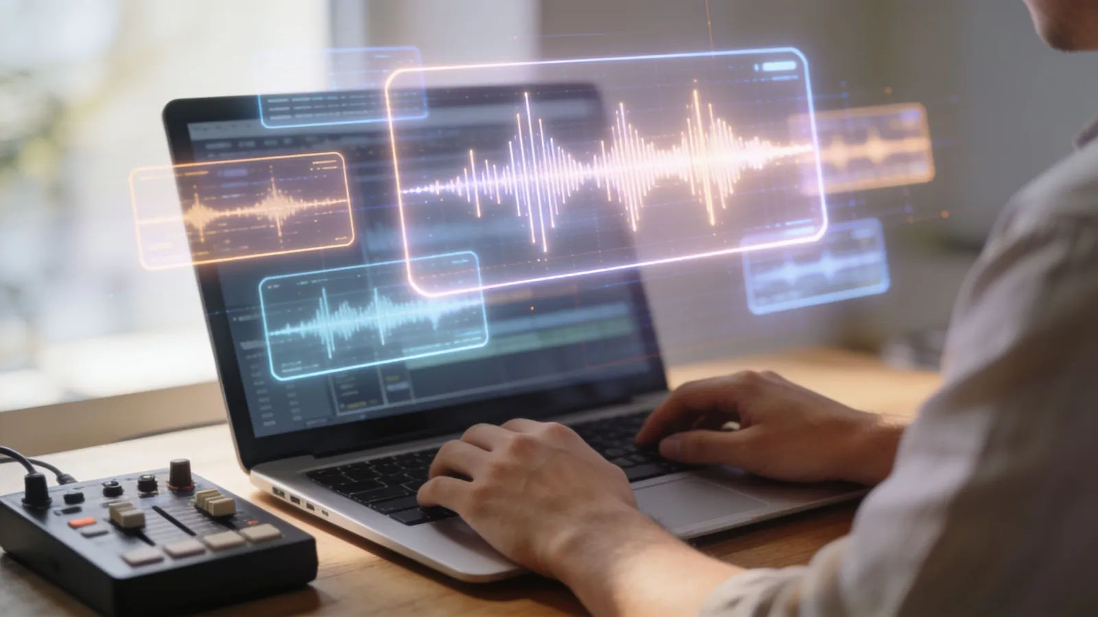 Hands on laptop and console with e-learning audio UI