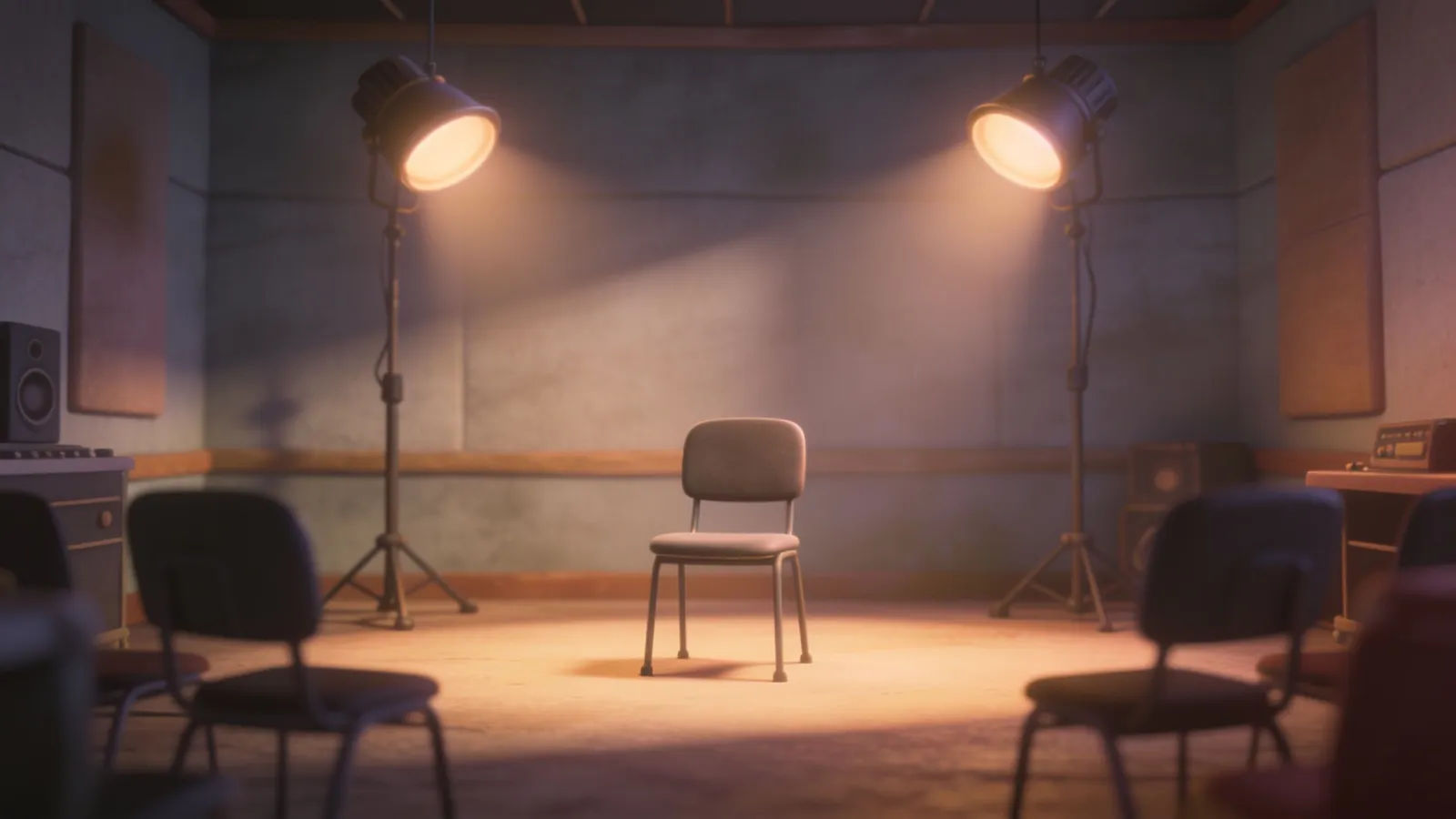 Cozy quiet rehearsal room with lamp pools and empty chair