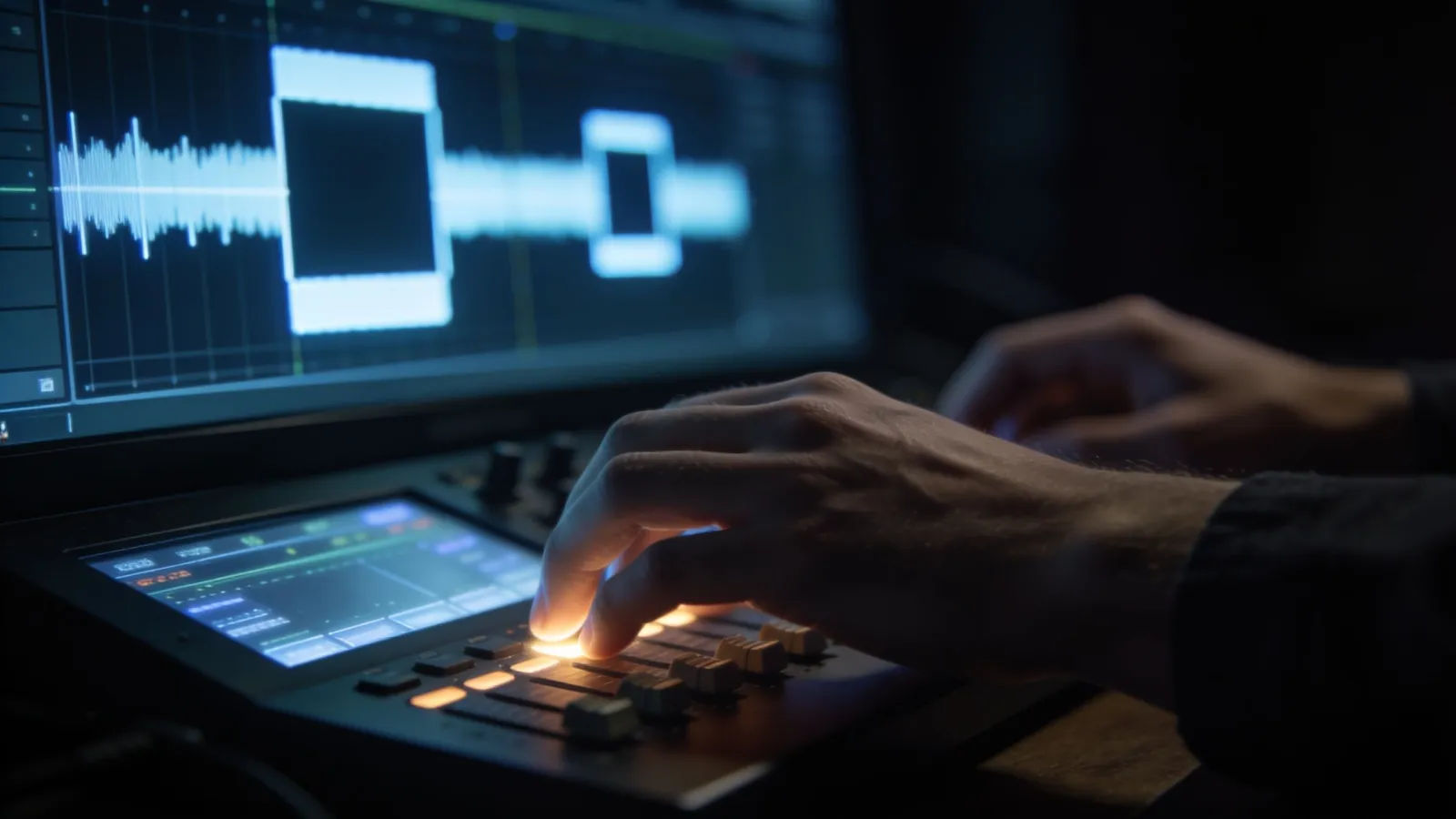 Hands at console with uneven stepped waveform interface