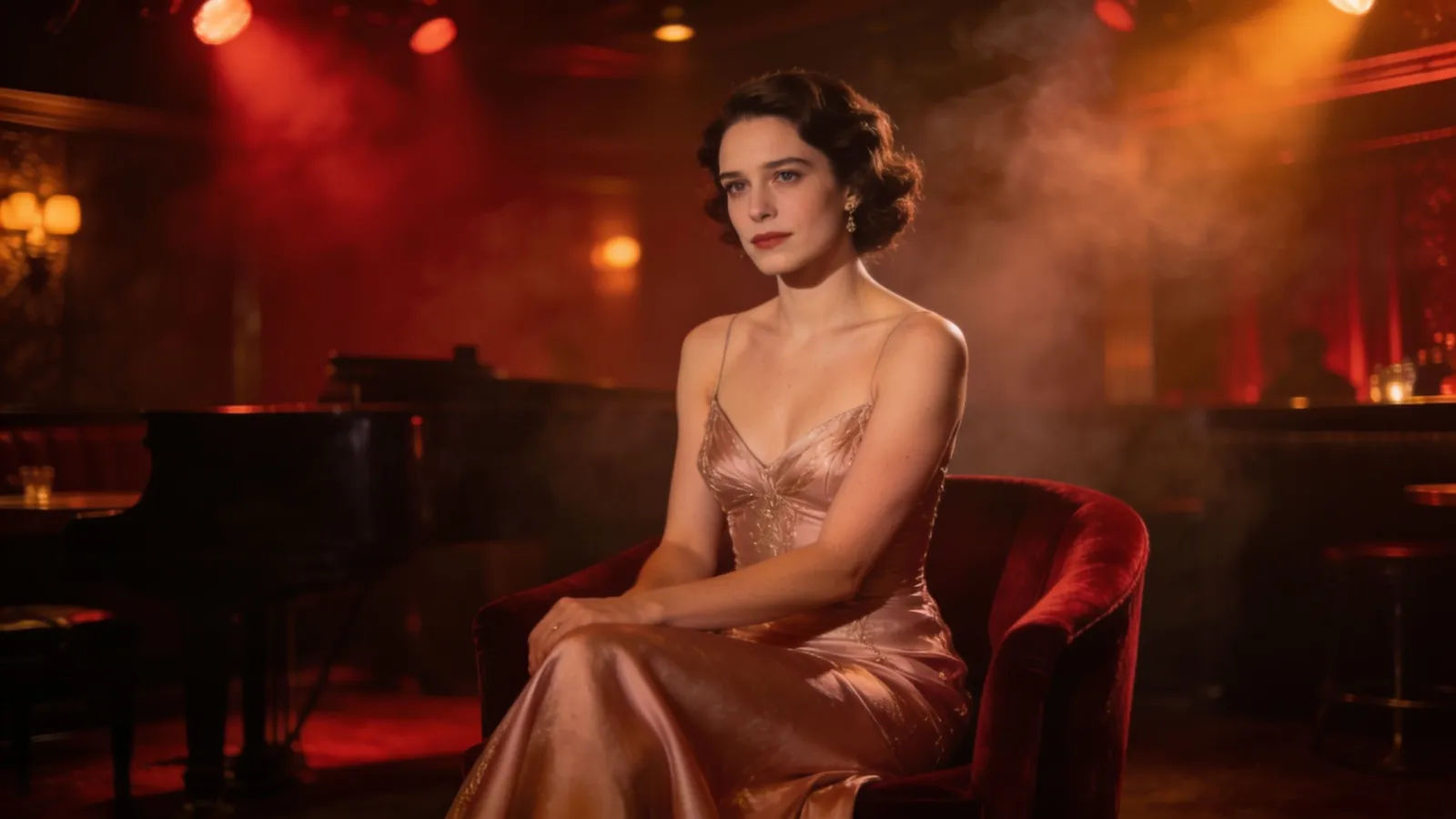 Elegant poised figure in gown, smoky jazz-club light