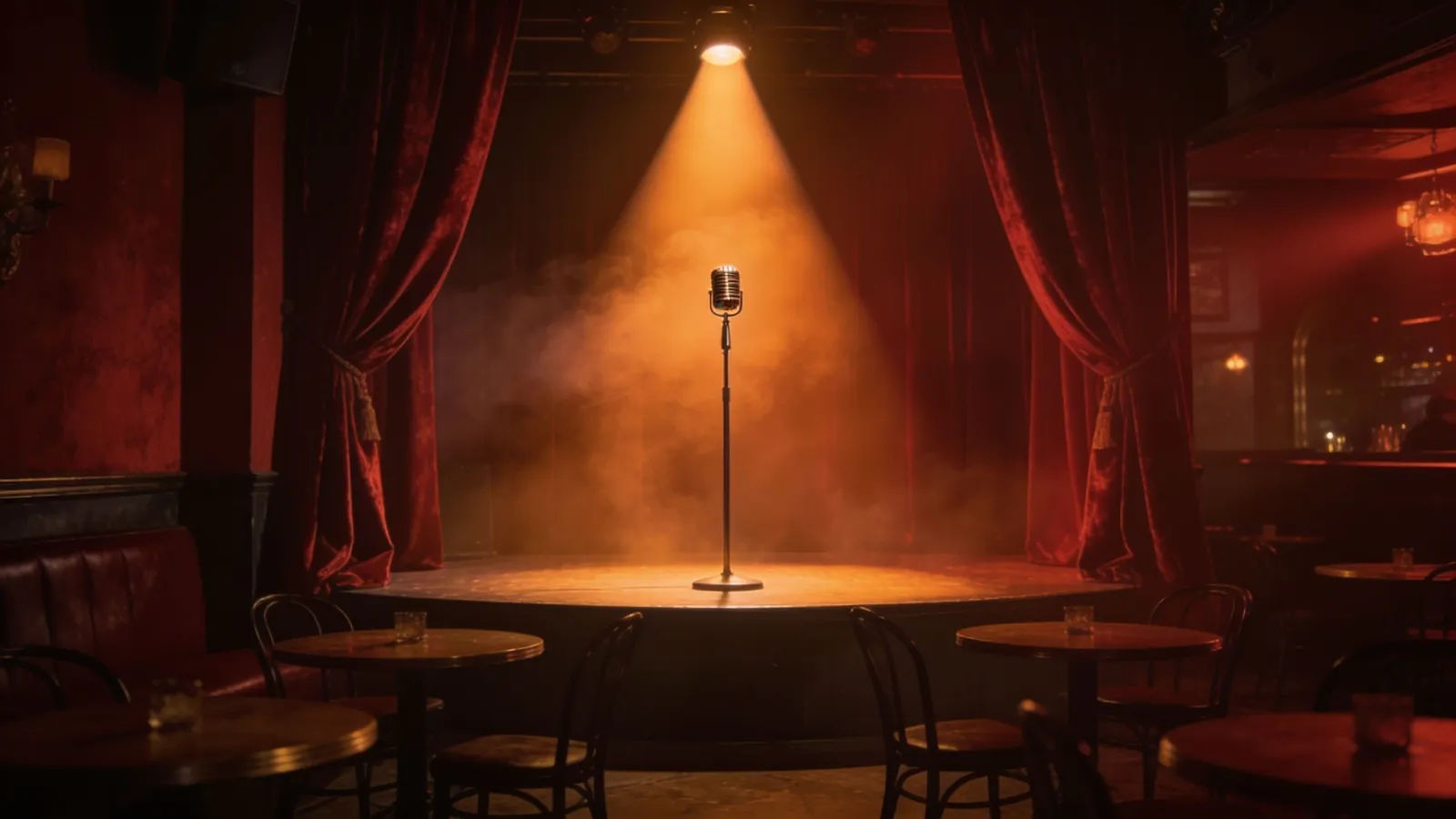 Spotlit microphone on dim jazz-club stage, velvet