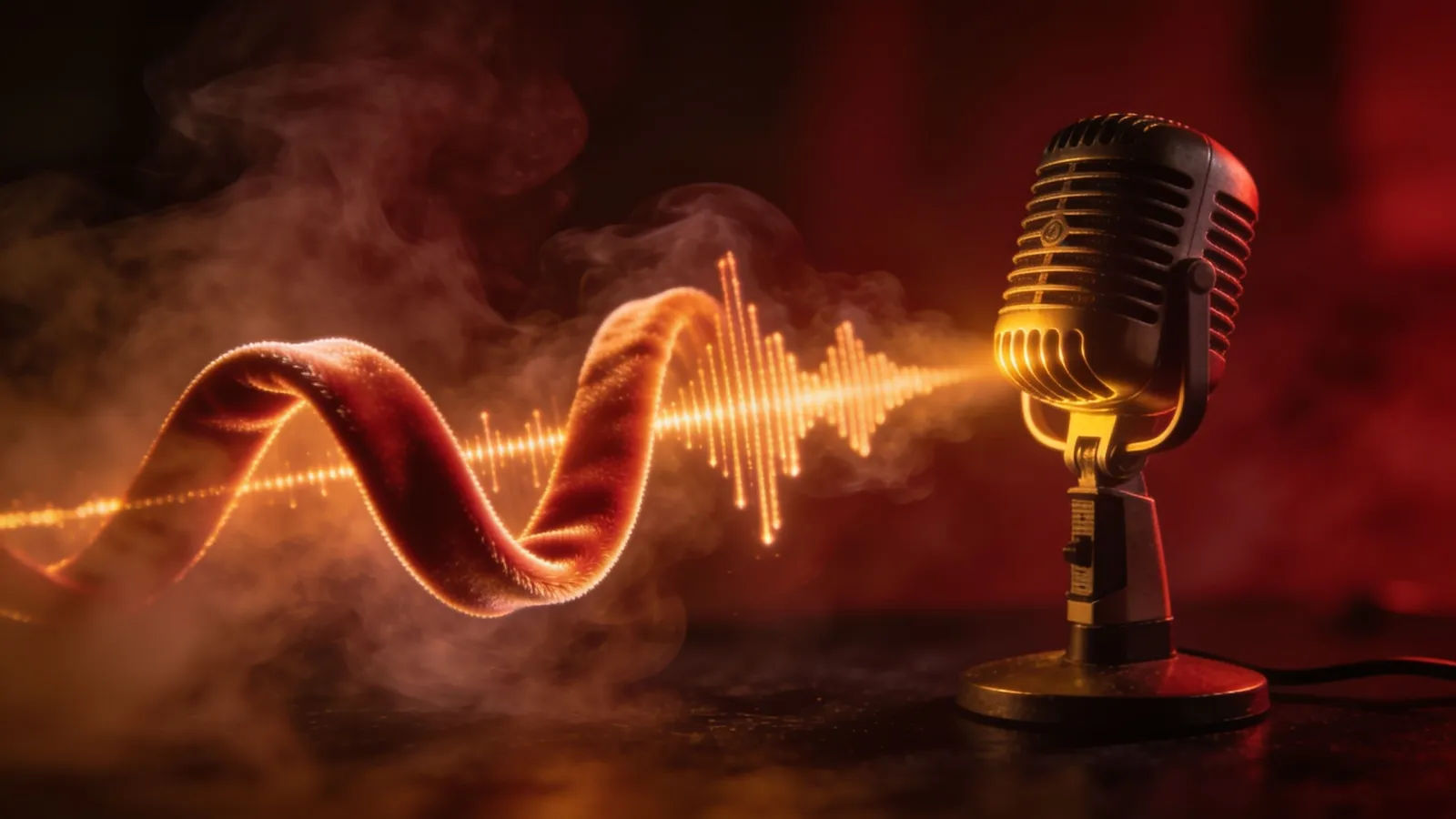 Velvet waveform curling through smoky amber haze