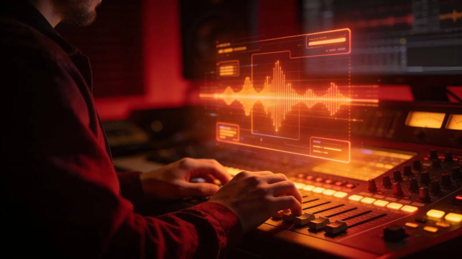 Hands at warm-lit console with amber audio interface