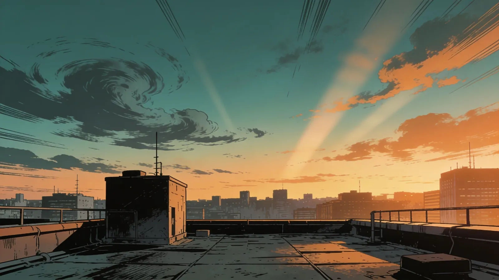 Dramatic generic city rooftop at dusk
