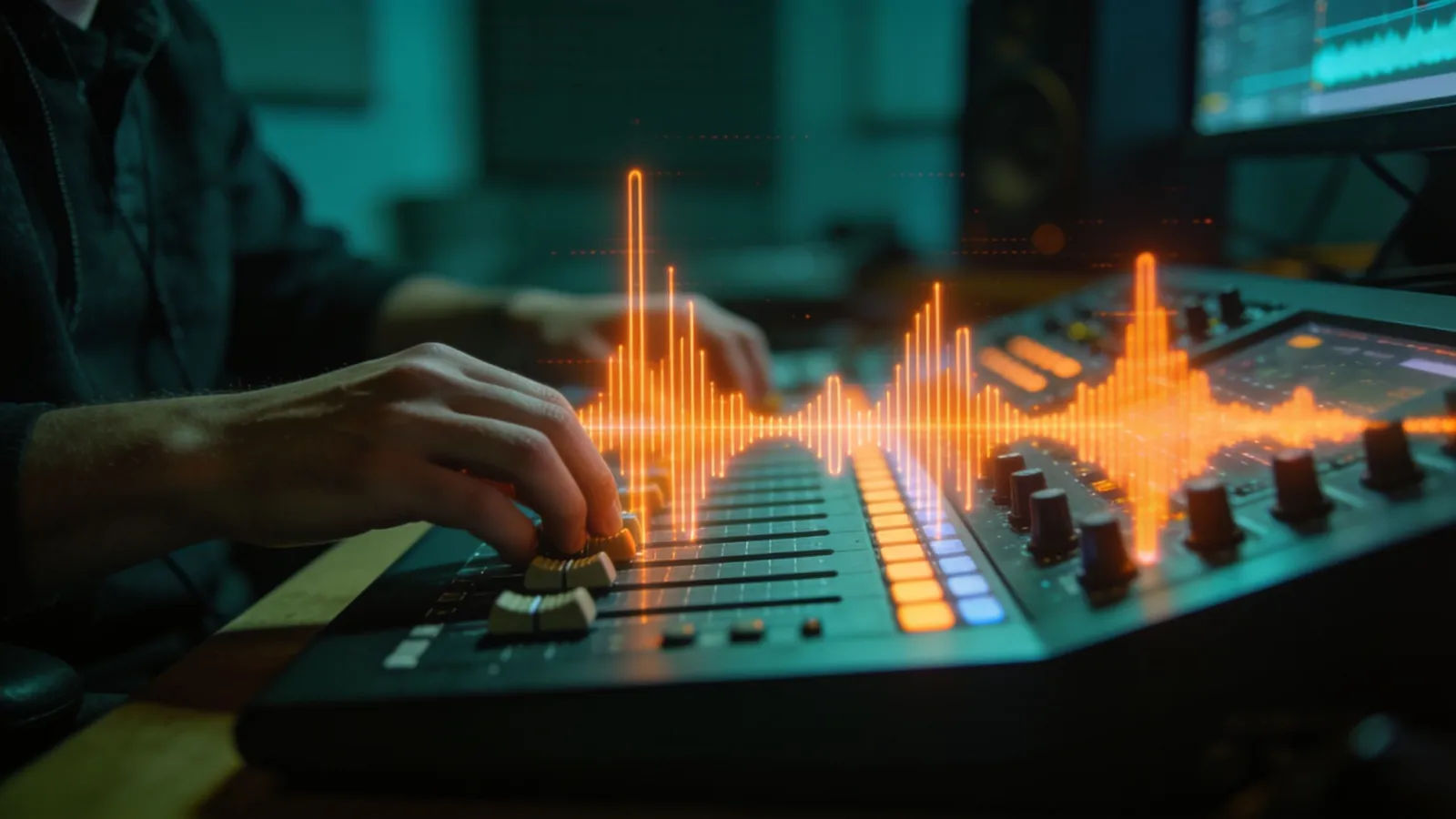 Strong hands at a console with bold waveforms