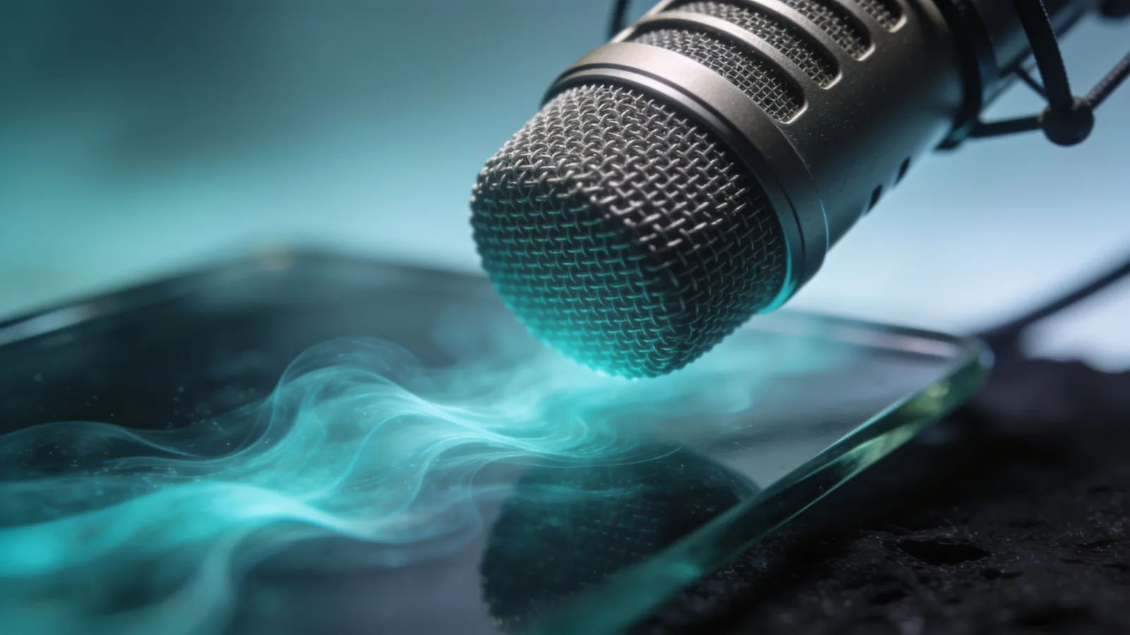Studio microphone with mellow aqua turquoise waveform