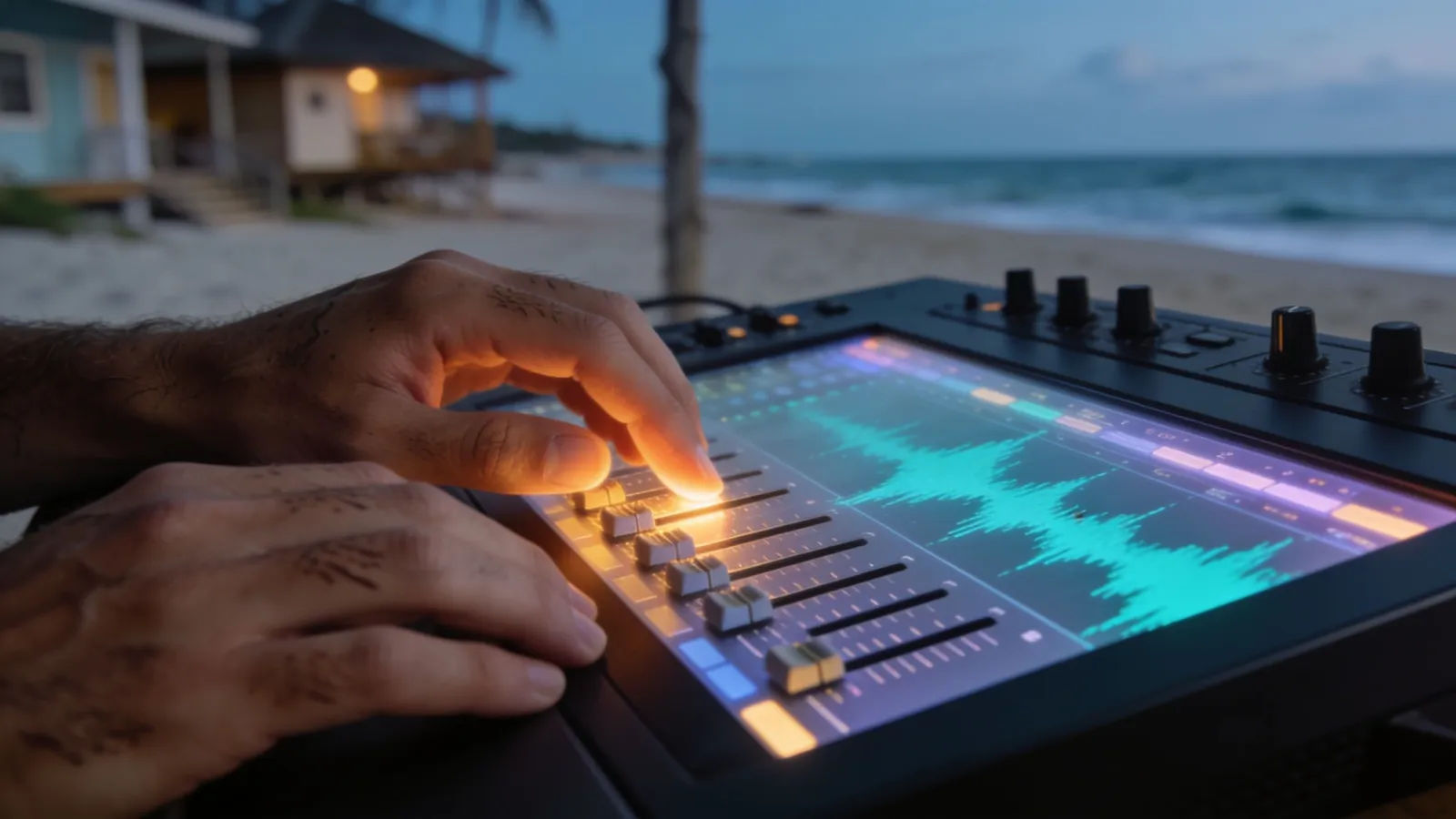 Sun-tanned hands on console with abstract audio UI