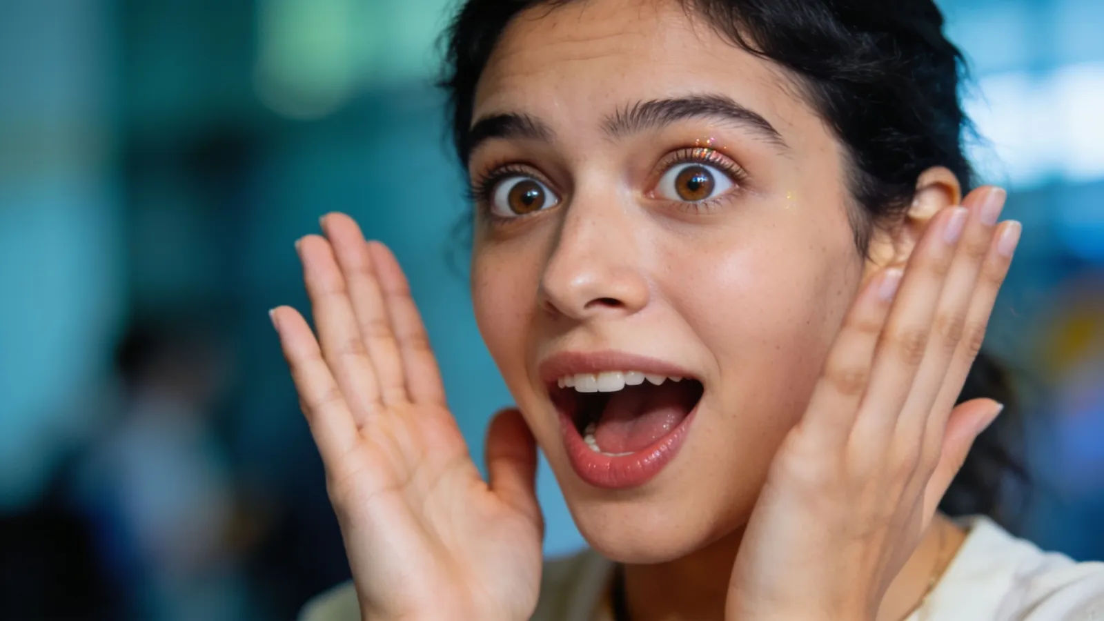 Wide-eyed person gasping in astonishment