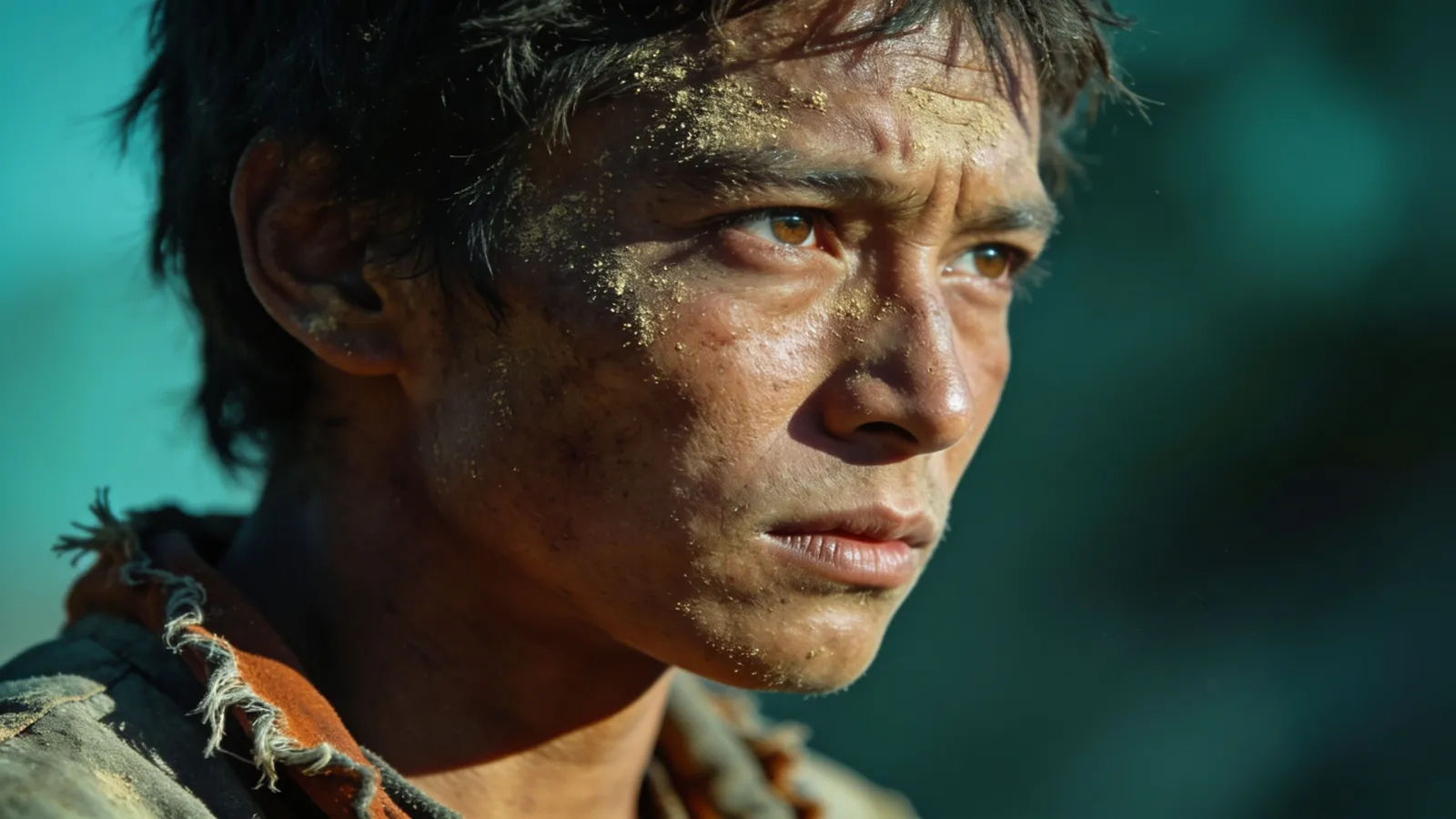 Weathered resilient person with determined gaze