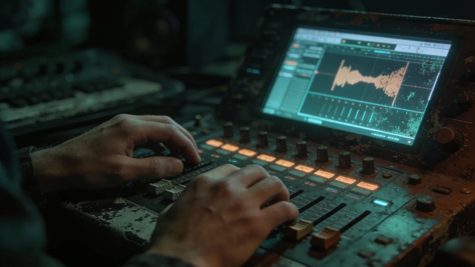 Hands at rugged weathered console with gritty audio interface
