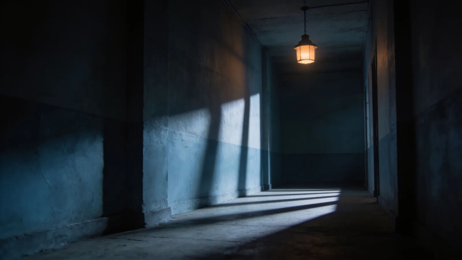 Dim corridor with single light and long shadows