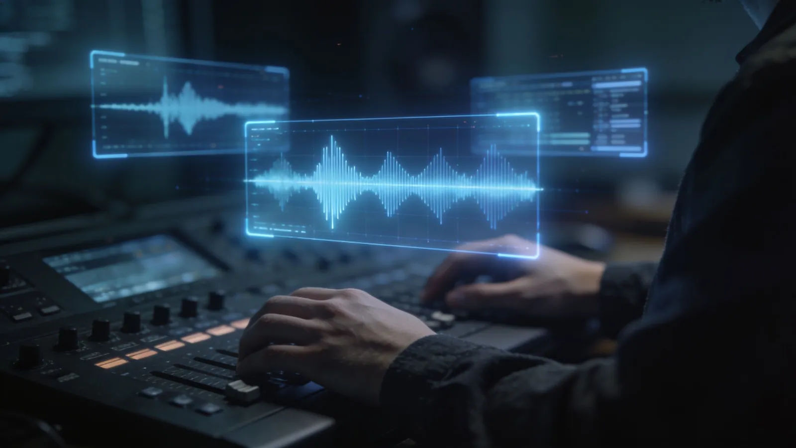 Hands on dark console with cold-blue audio UI glow