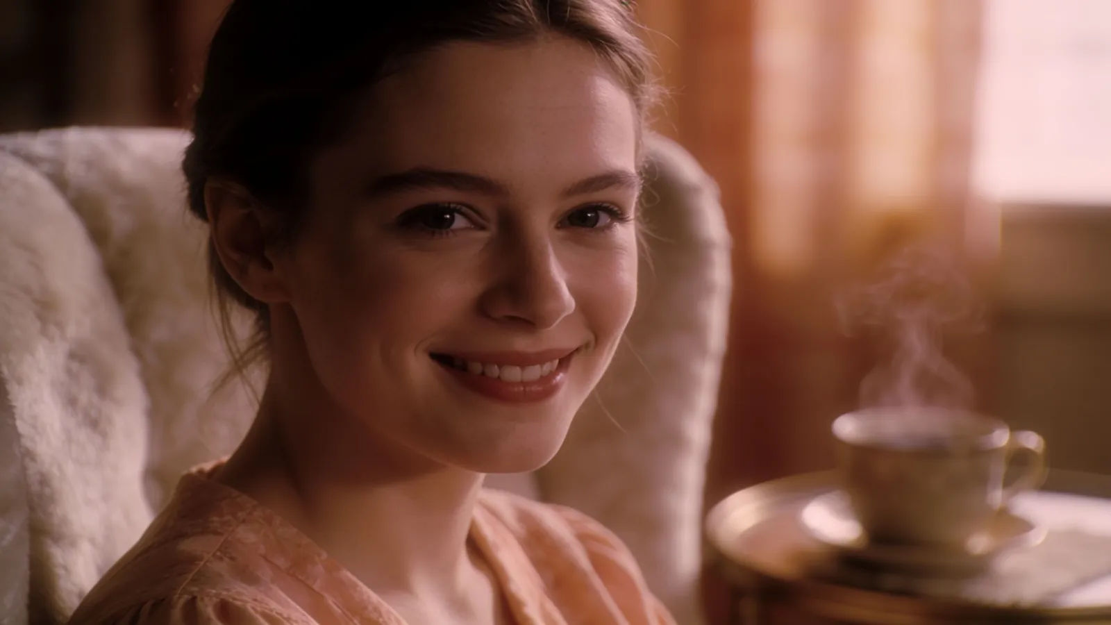 Warm kind narrator with soft cheerful smile, golden light